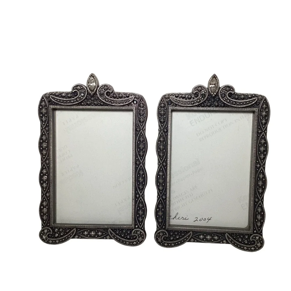 Vintage Style Marcasite Silver Tone Ornate Picture Frames Set 2 Rhinestone 2x3